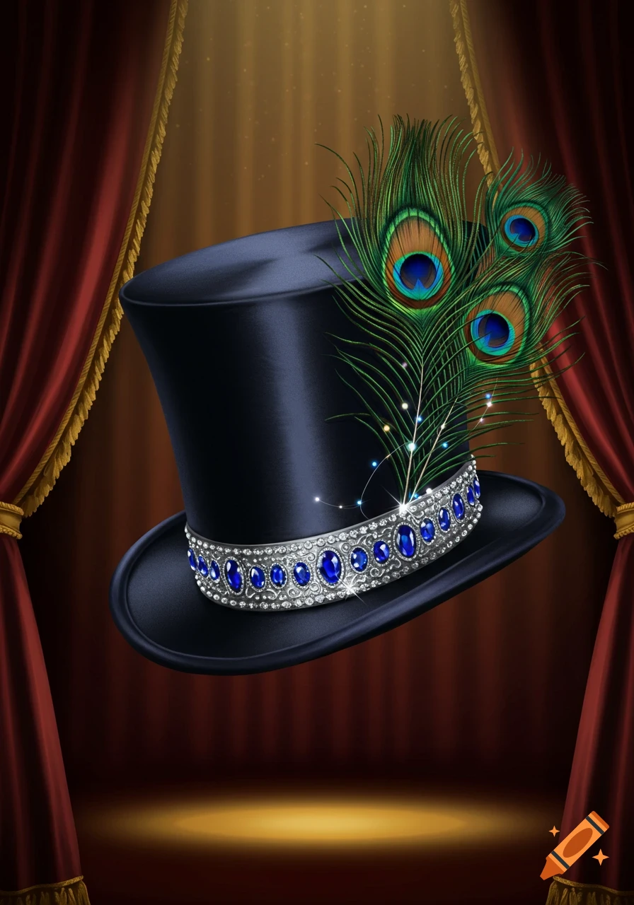 A black top hat adorned with blue jewels and green peacock feathers, set against red velvet curtains and a golden spotlight.