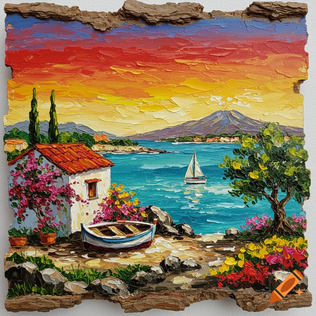 Vibrant impasto painting on bark canvas of a Mediterranean seascape with a white house, small boat, sailboat, volcano, and colorful flowers under a red and orange sunset.