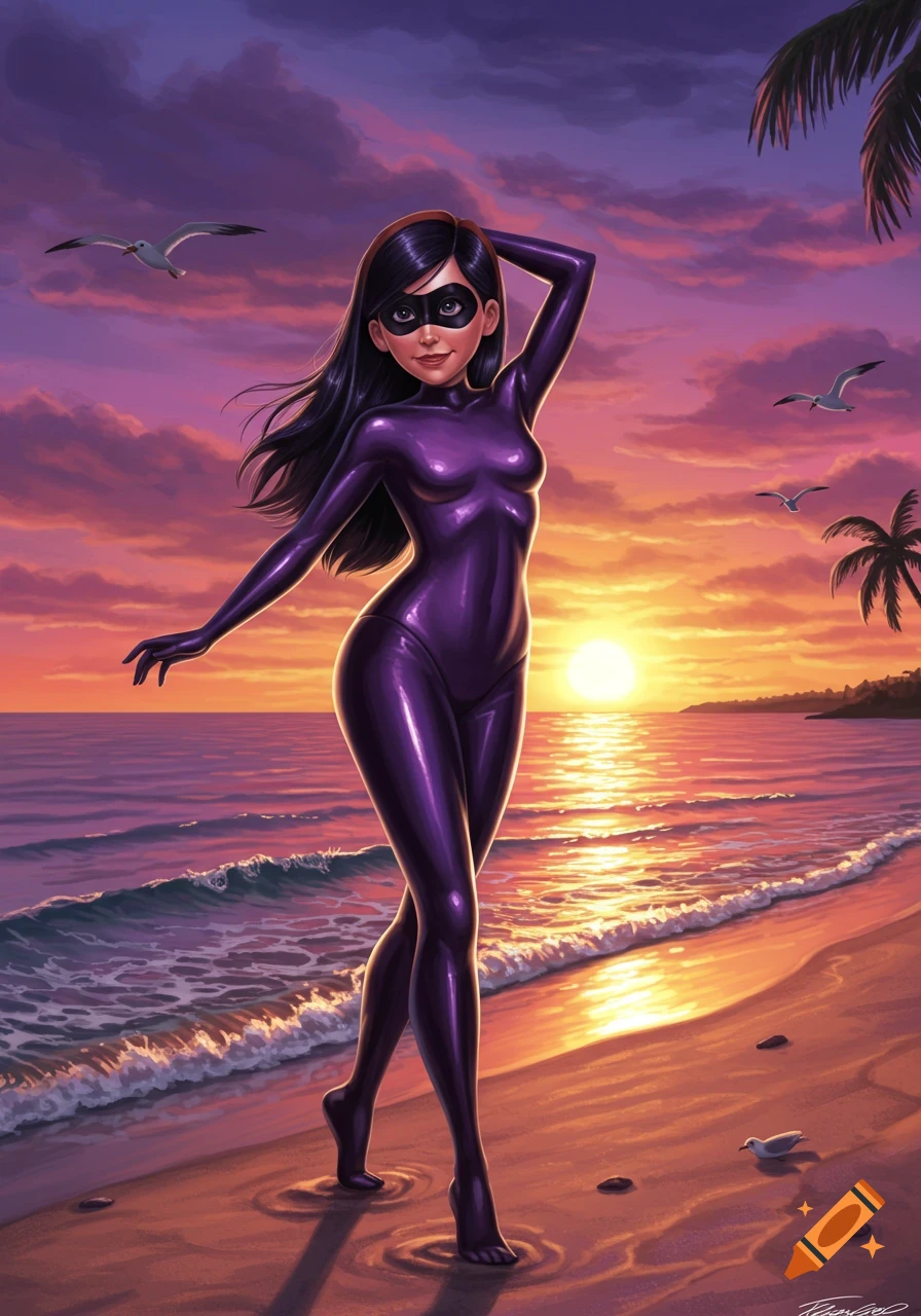 Violet Parr in a shiny purple superhero suit poses on a beach at sunset, with waves, palm trees, and gulls.