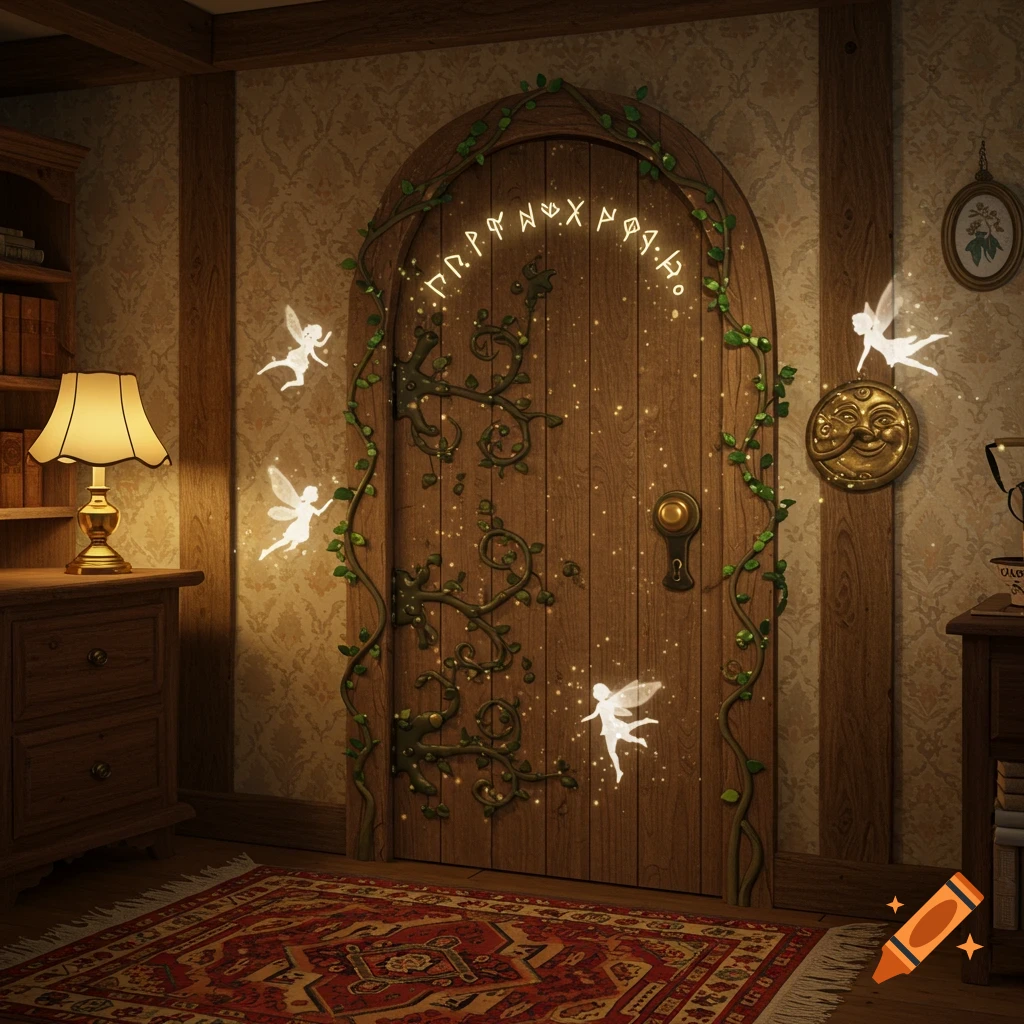 A cozy room with a magical wooden door covered in vines and glowing runes, surrounded by sparkling fairies.