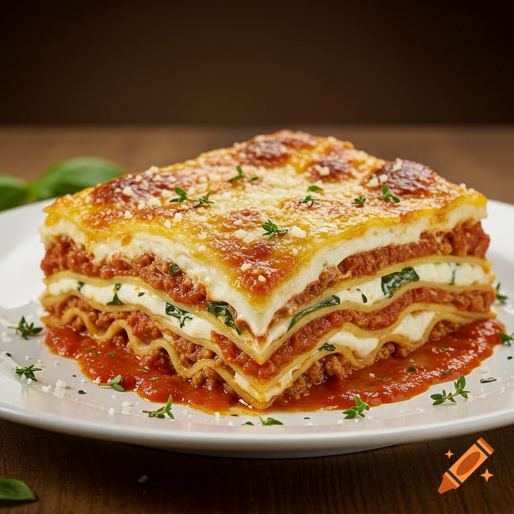 A photorealistic slice of lasagna with rich red sauce, ricotta, ground meat, spinach, and melted cheese, garnished with thyme on a white plate.