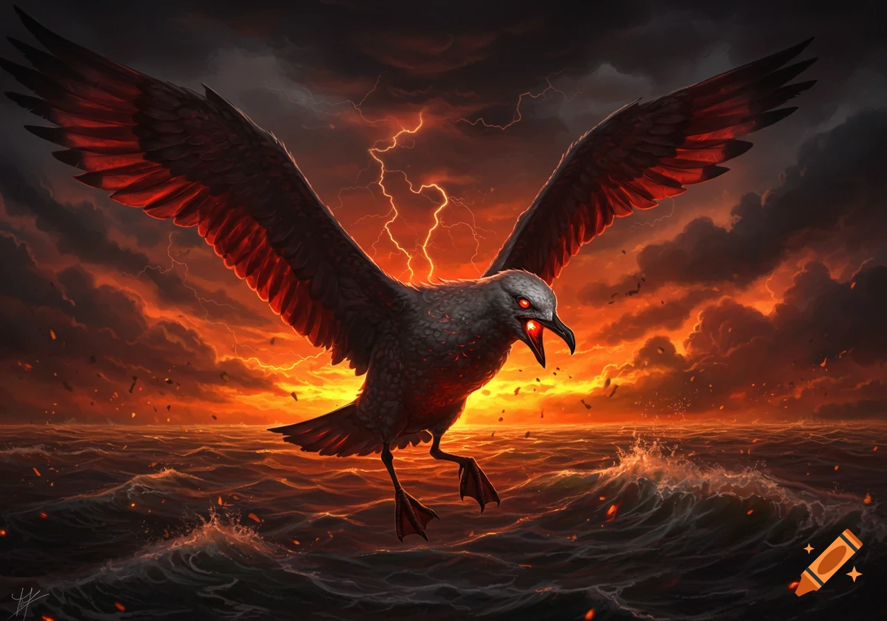 A menacing, dark seagull with glowing red eyes and fiery red underwings flies low over a stormy ocean under a fiery, lightning-filled sky.