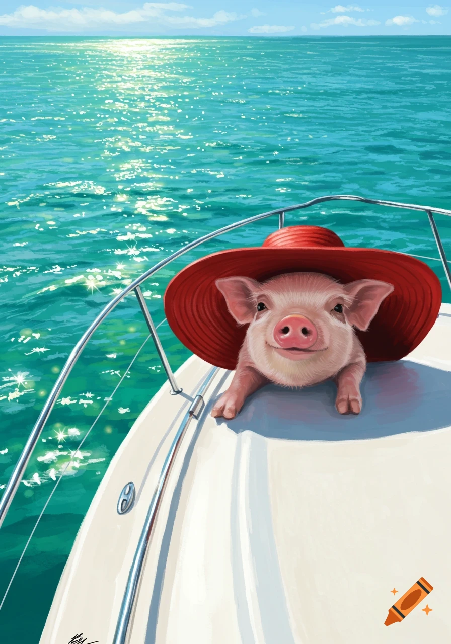 A cute piglet in a red hat peers over the side of a white boat on a sparkling emerald sea under a sunny sky, painted illustration.