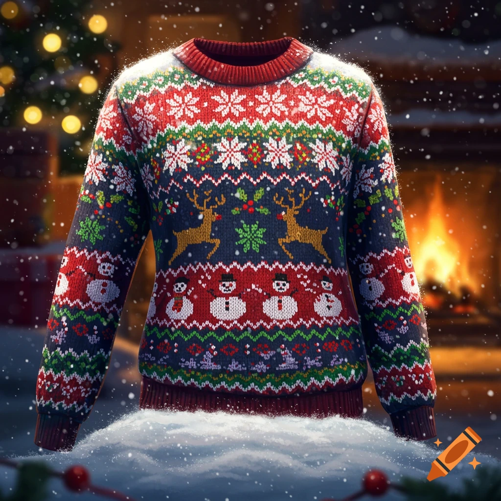 A festive Christmas 'ugly' sweater featuring reindeer, snowmen, and snowflake patterns in red, green, and white. Snowy holiday background.