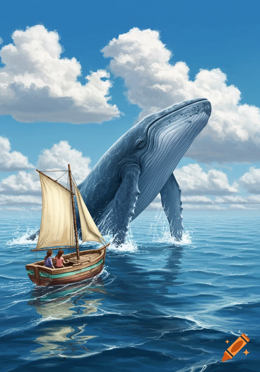 A large blue whale breaches out of the ocean next to a small sailboat with two children, under a blue sky with white clouds, in an illustrative style.