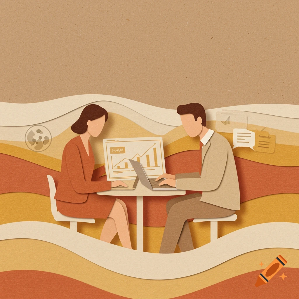 A paper-cut illustration of a consultant and a business owner working on laptops with a data dashboard.