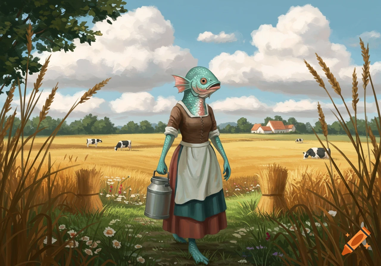 A fish-headed milkmaid in a dress walks through a golden wheat field, holding a pail, with cows and farmhouses in the background.