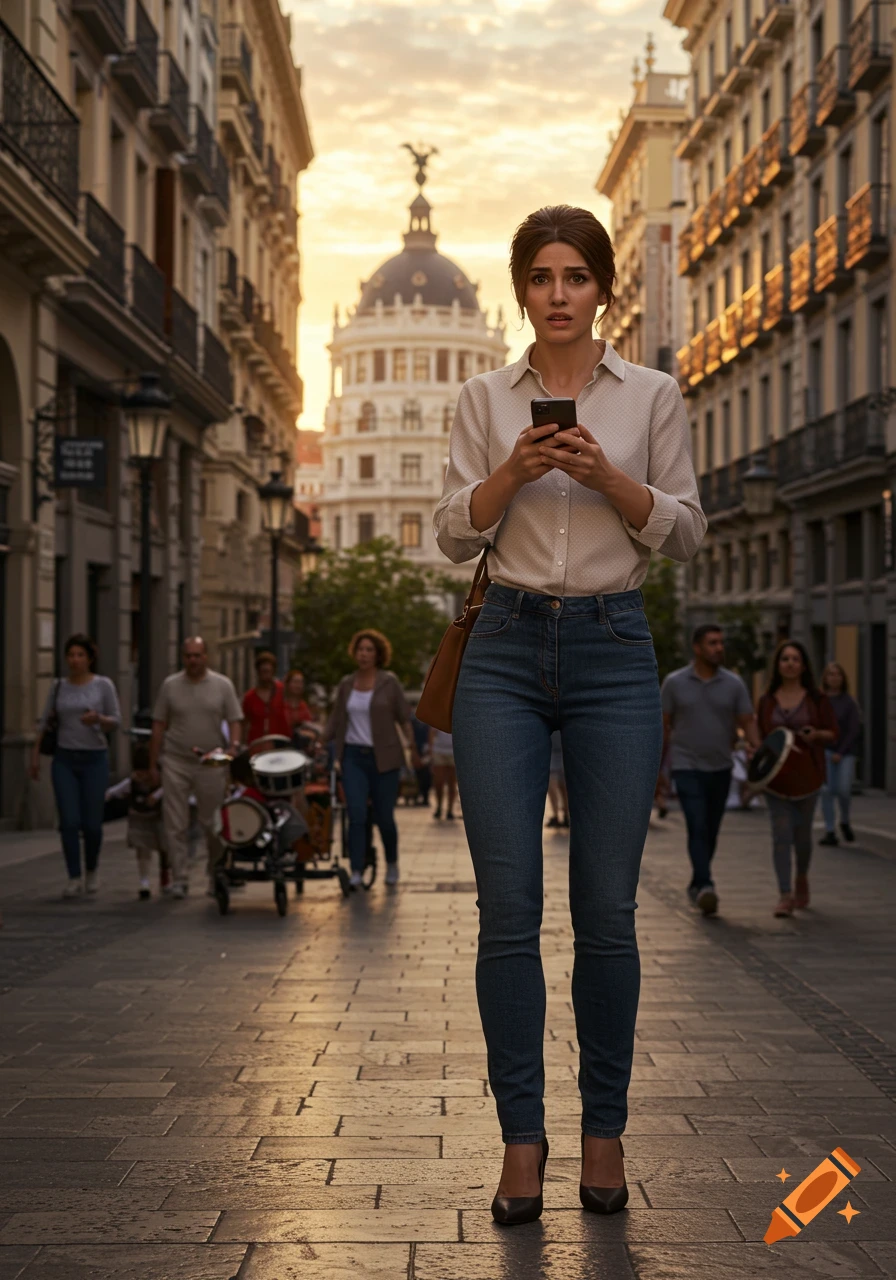 Photorealistic image of a worried woman holding a phone on a bustling city street at sunset, with tall buildings in the background.