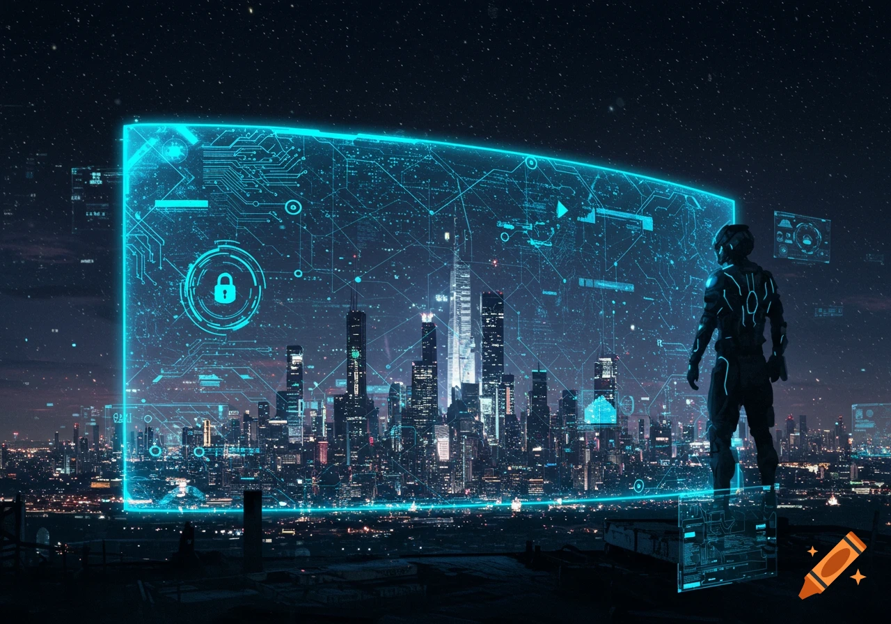 A cyber-suited person stands on a rooftop overlooking a futuristic city skyline, observing a large, glowing blue holographic data screen filled with circuit patterns and a padlock symbol under a starry night sky.