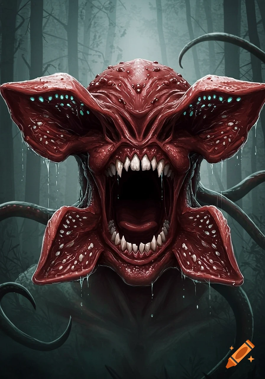 A grotesque red Demogorgon monster with a gaping maw full of sharp teeth and tentacled head in a dark forest.