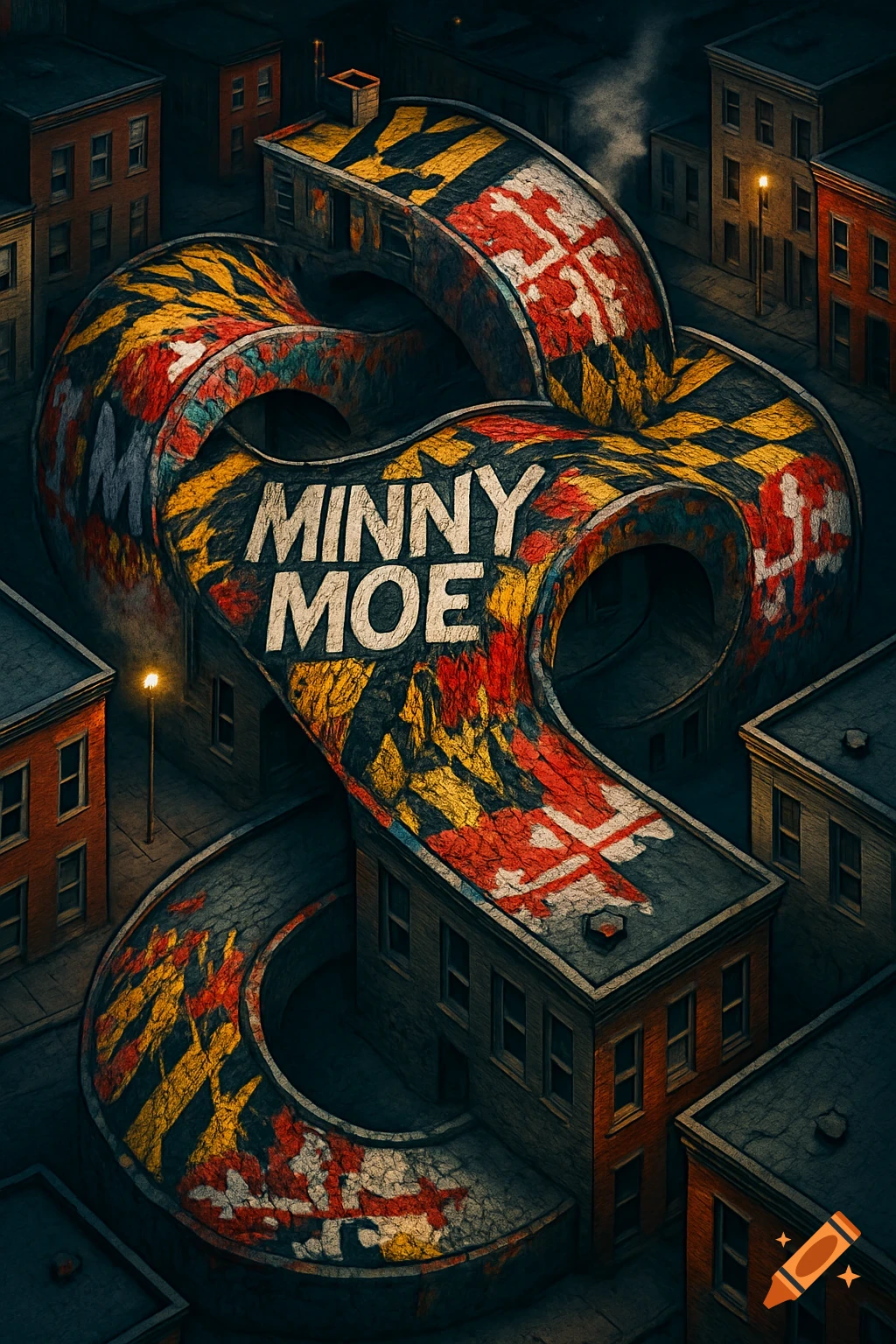 Aerial view of a city maze made of rowhouses and a winding road covered in graffiti with Maryland flag colors and 'MINNY MOE' text.