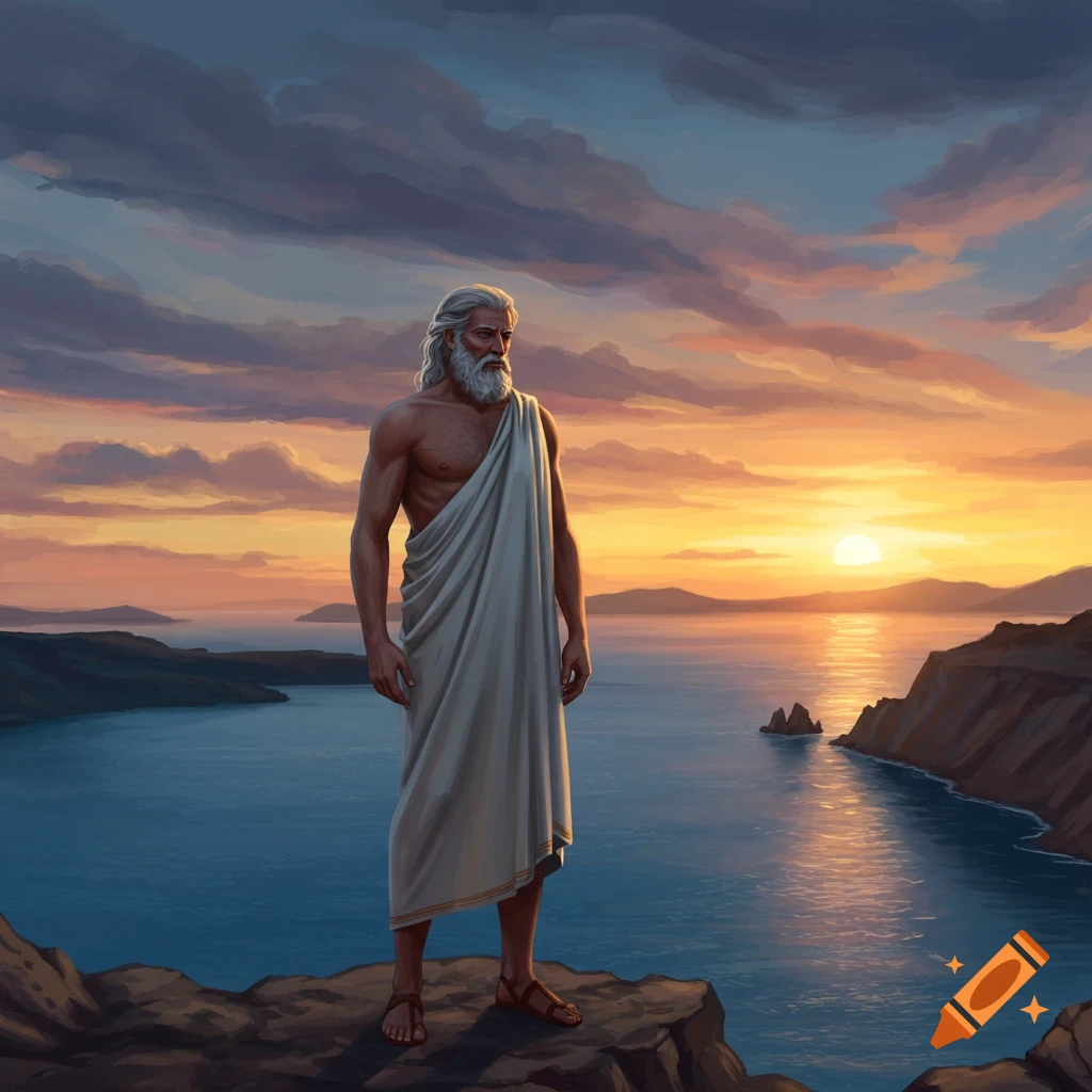 A muscular man with long white hair and beard in a white toga stands on a cliff overlooking a sunset ocean.