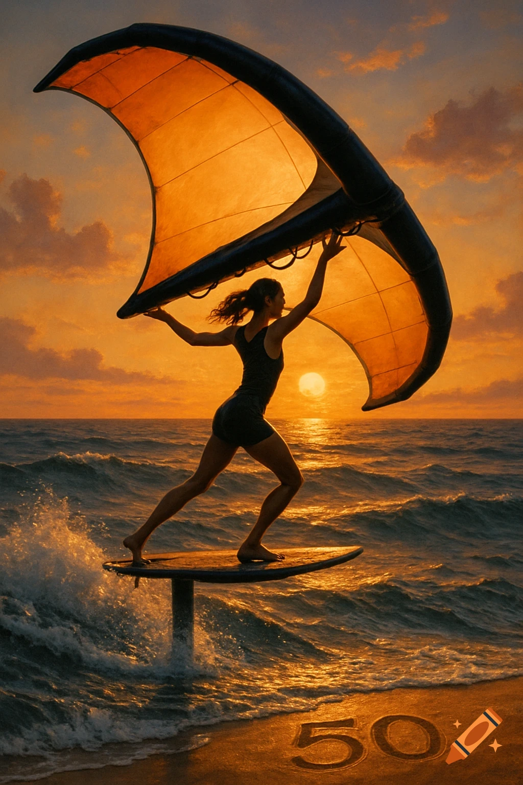 A woman wing-foiling over ocean waves at a vibrant sunset, holding a large wing. "50" is written in the foreground sand.