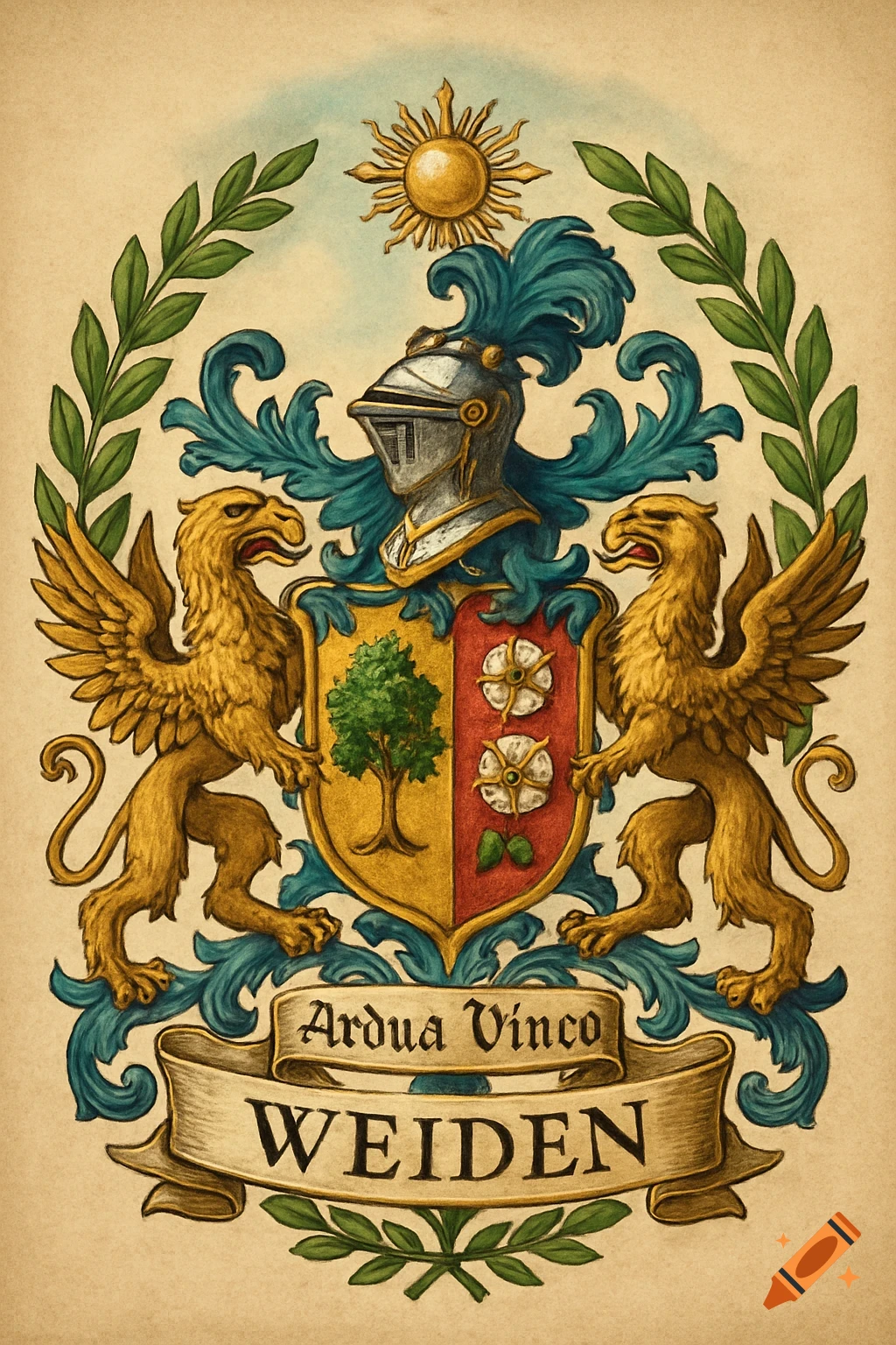 An ornate family coat of arms with two golden griffins flanking a shield featuring a tree and white roses. A knight's helmet sits atop the shield, and a banner below reads "Ardua Vinco WEIDEN".