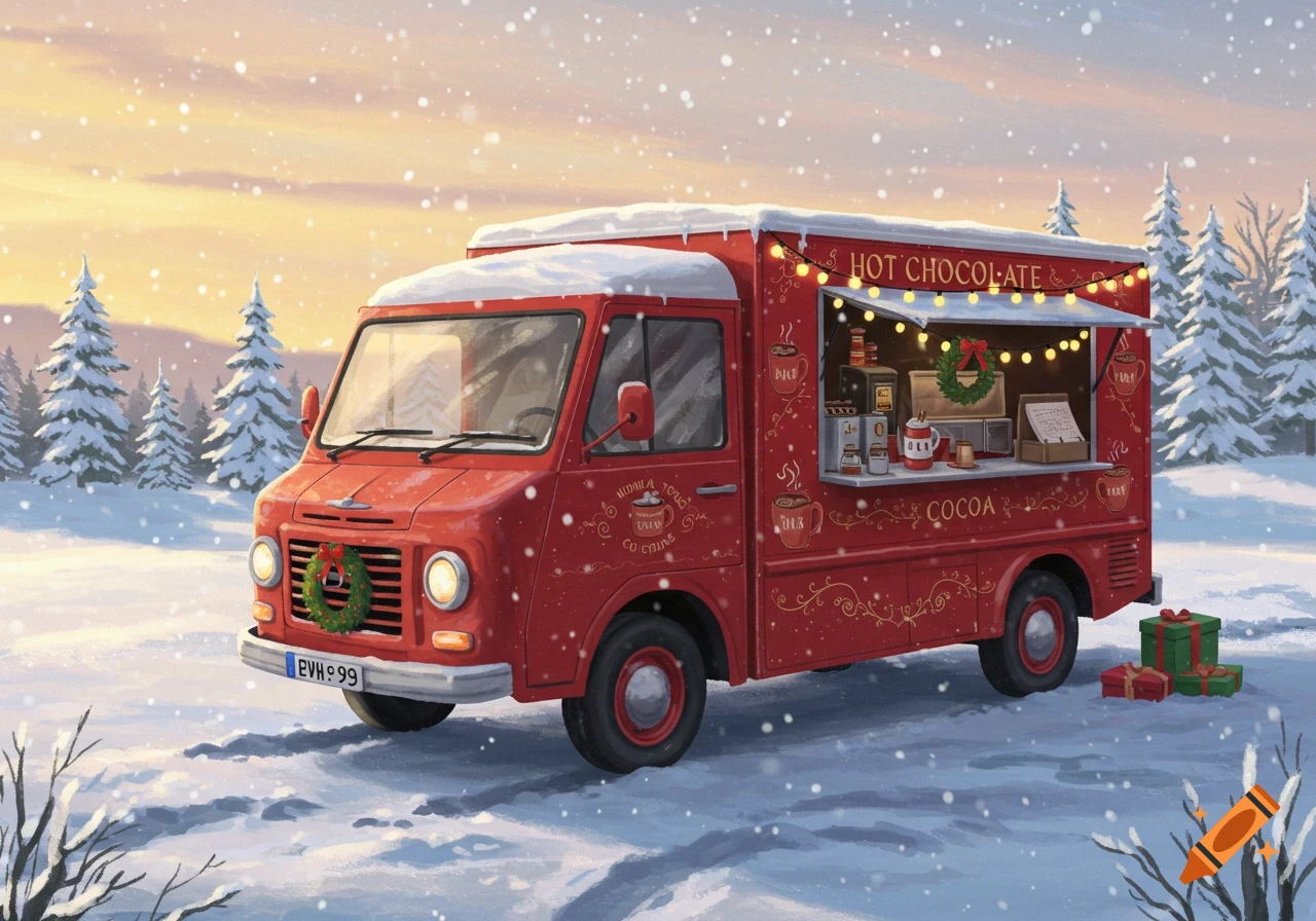 An illustrated red hot chocolate truck decorated for Christmas, parked in a snowy winter landscape with pine trees.