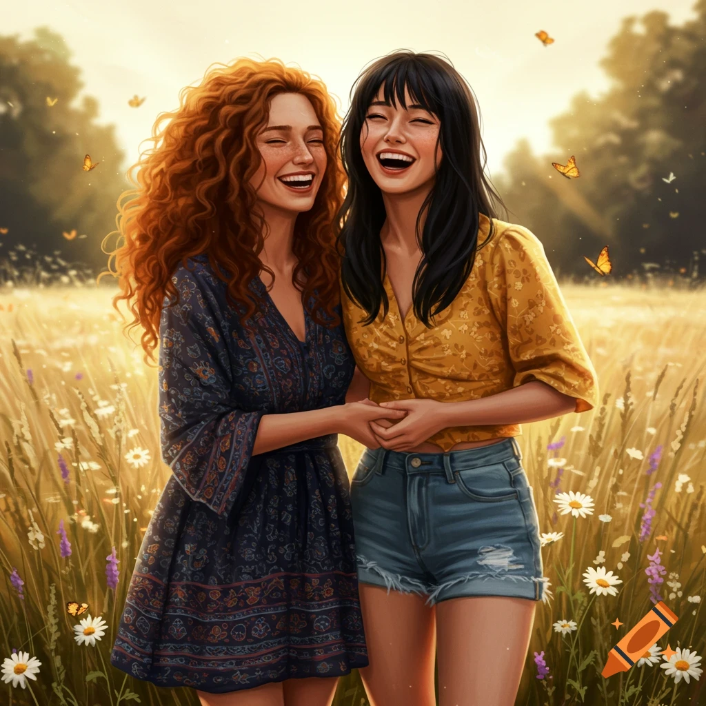 Two smiling women with long hair laugh while holding hands in a sunlit field with butterflies and wildflowers, digital art.