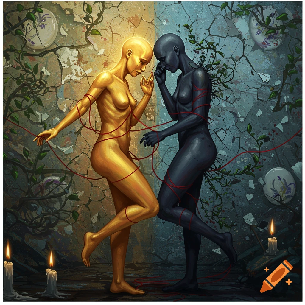A symbolic painting of a glowing gold and a dark grey nude figure connected by red threads, against a cracked wall with vines.