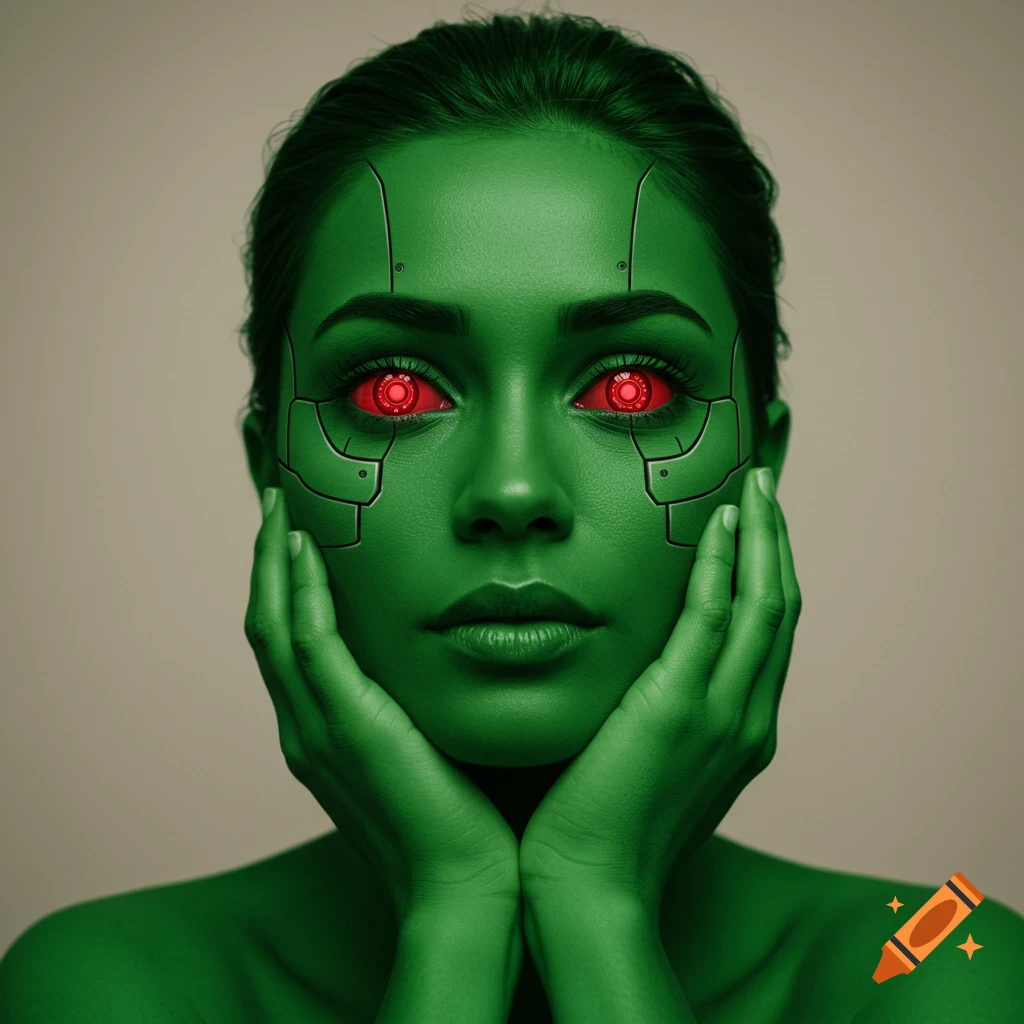 Photorealistic portrait of a woman with vibrant green skin, red glowing robot eyes, and mechanical lines on her face, hands cupping her chin.