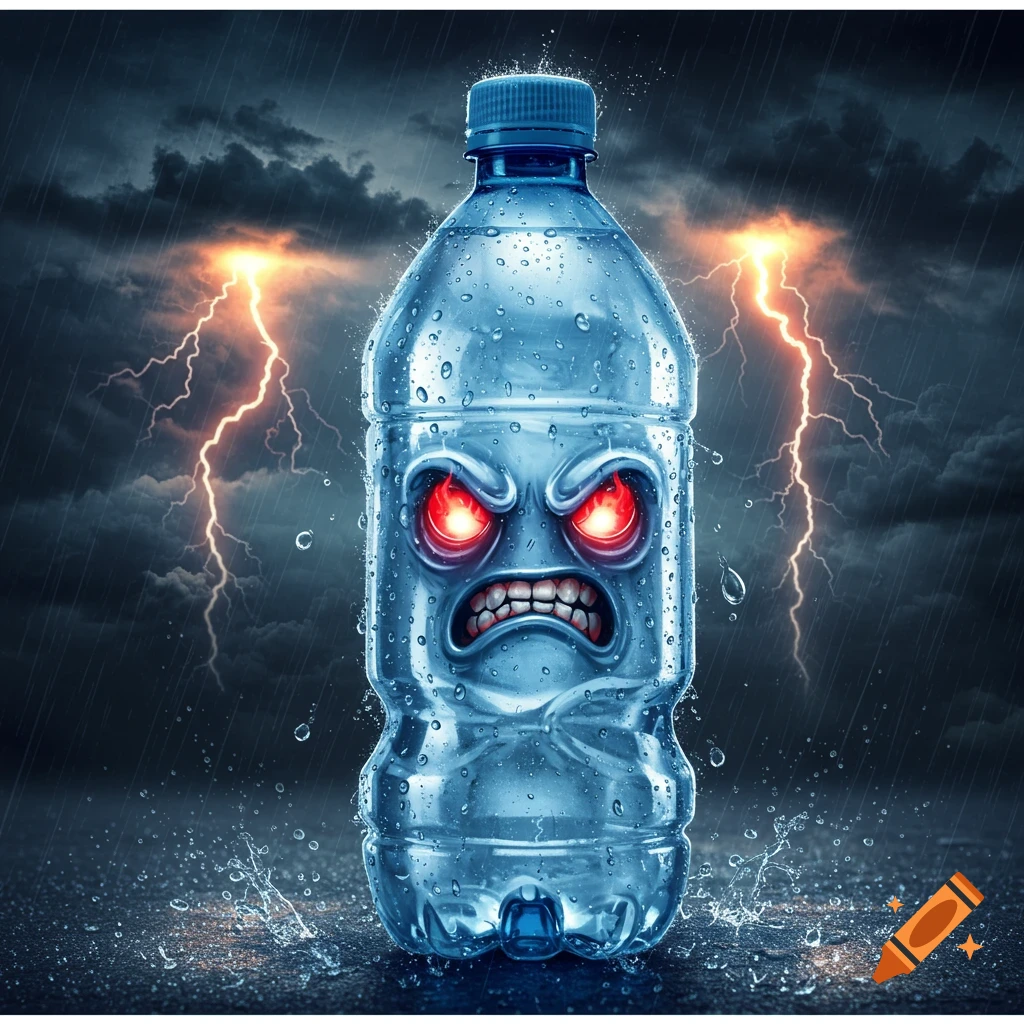 A furious, anthropomorphic water bottle with glowing red eyes stands amidst a stormy night with lightning and splashing water.