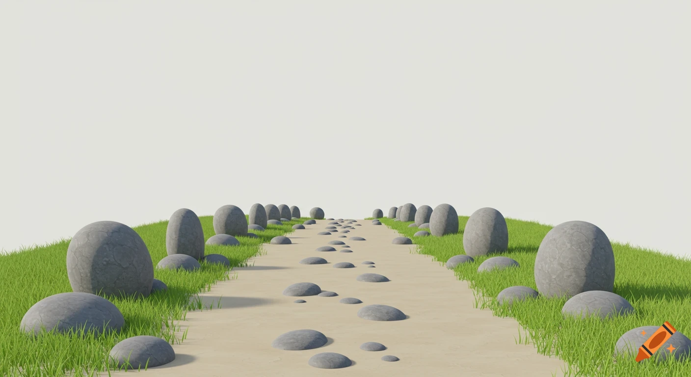 A simple 3D render of a sandy path lined with green grass and numerous grey stones of varying sizes, leading into the distance.