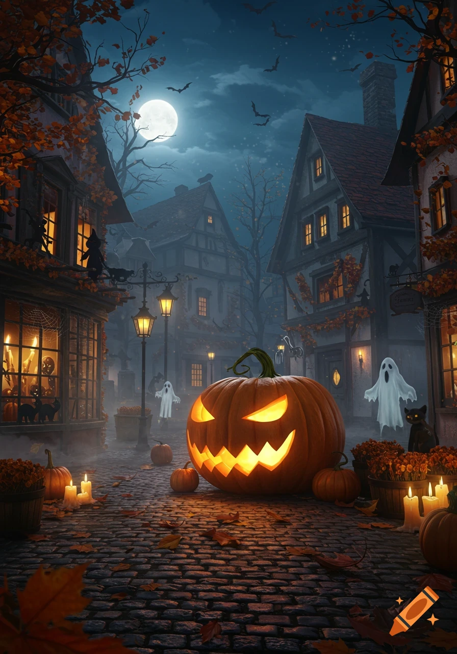 A large glowing jack-o'-lantern sits on a cobblestone street in a spooky, moonlit Halloween town with ghosts, bats, and old buildings.