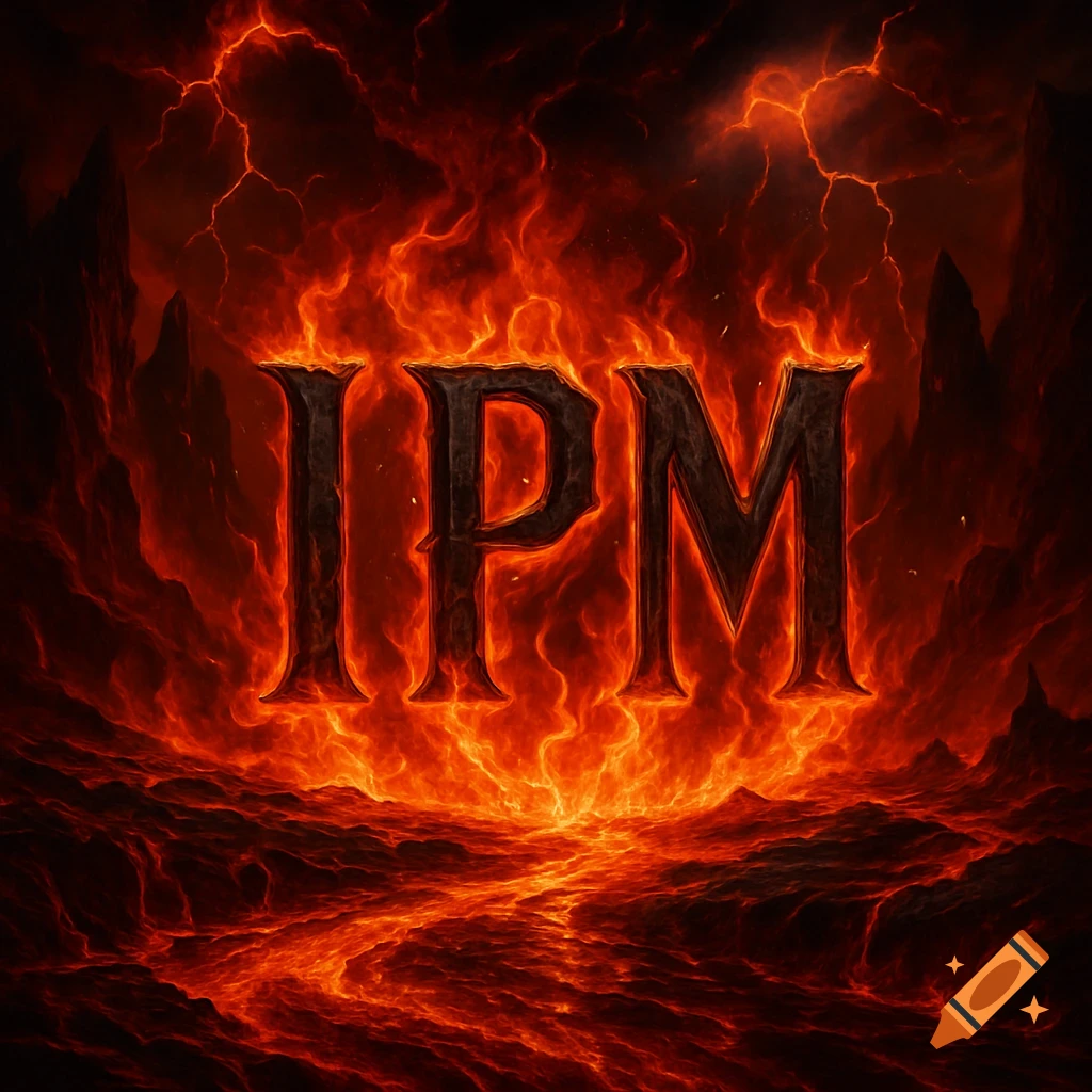 The letters IPM burning brightly in a fiery, hellish landscape with molten lava and dark, jagged peaks under a smoke-filled sky.