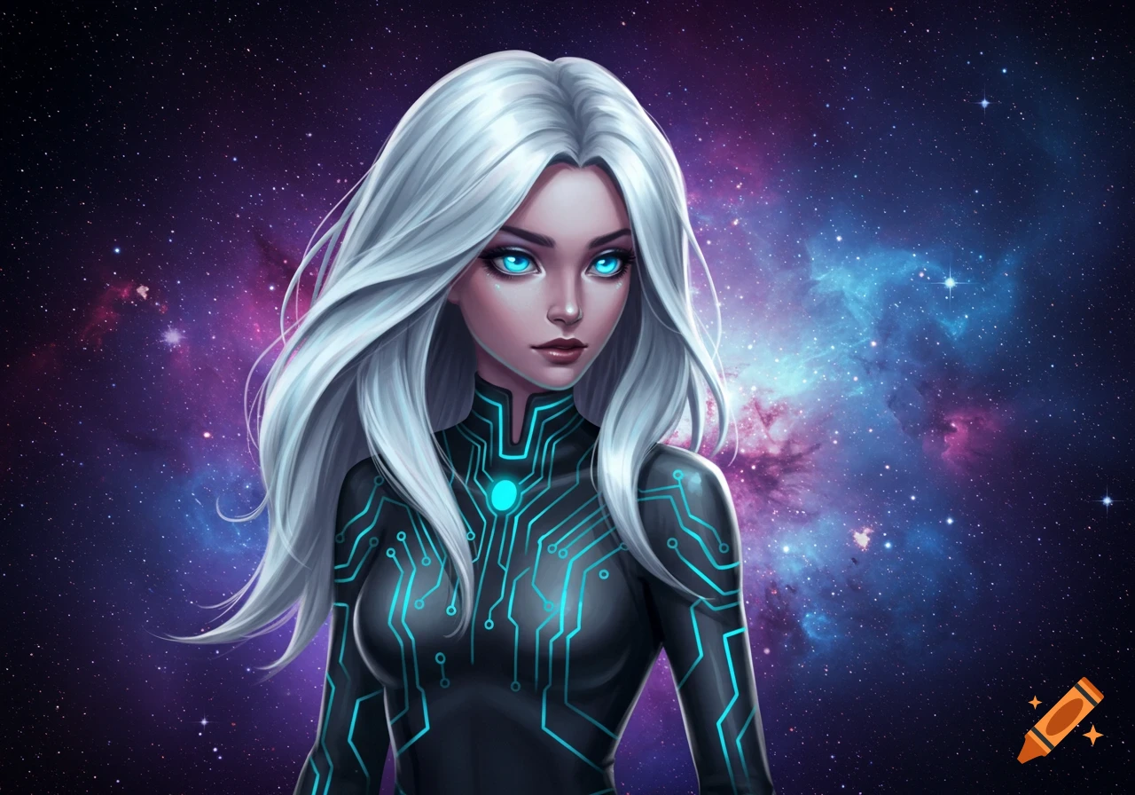 A stylized portrait of a futuristic woman with long white hair, glowing blue eyes, and a black suit with neon blue circuit patterns, against a galaxy background.