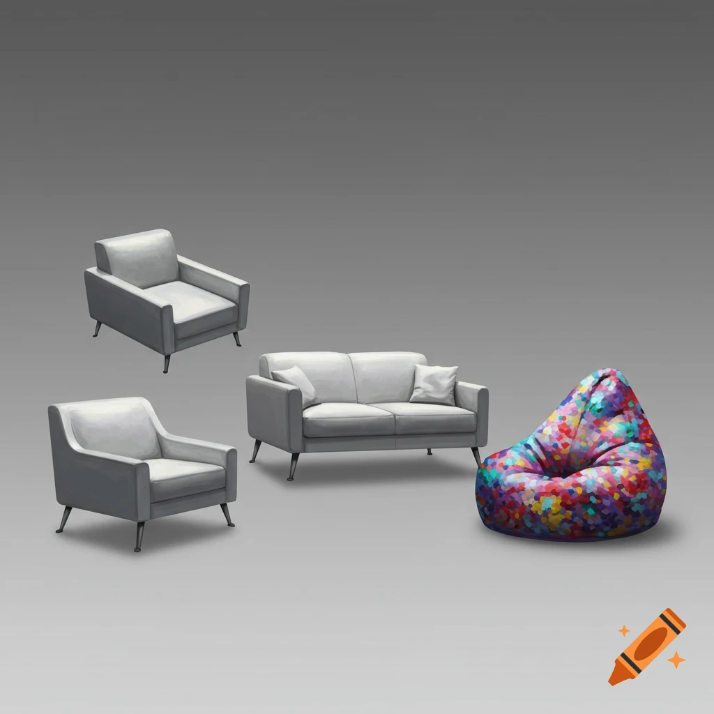 Modern gray two-seater sofa, two gray armchairs, and a colorful mosaic beanbag chair on a gray gradient background.