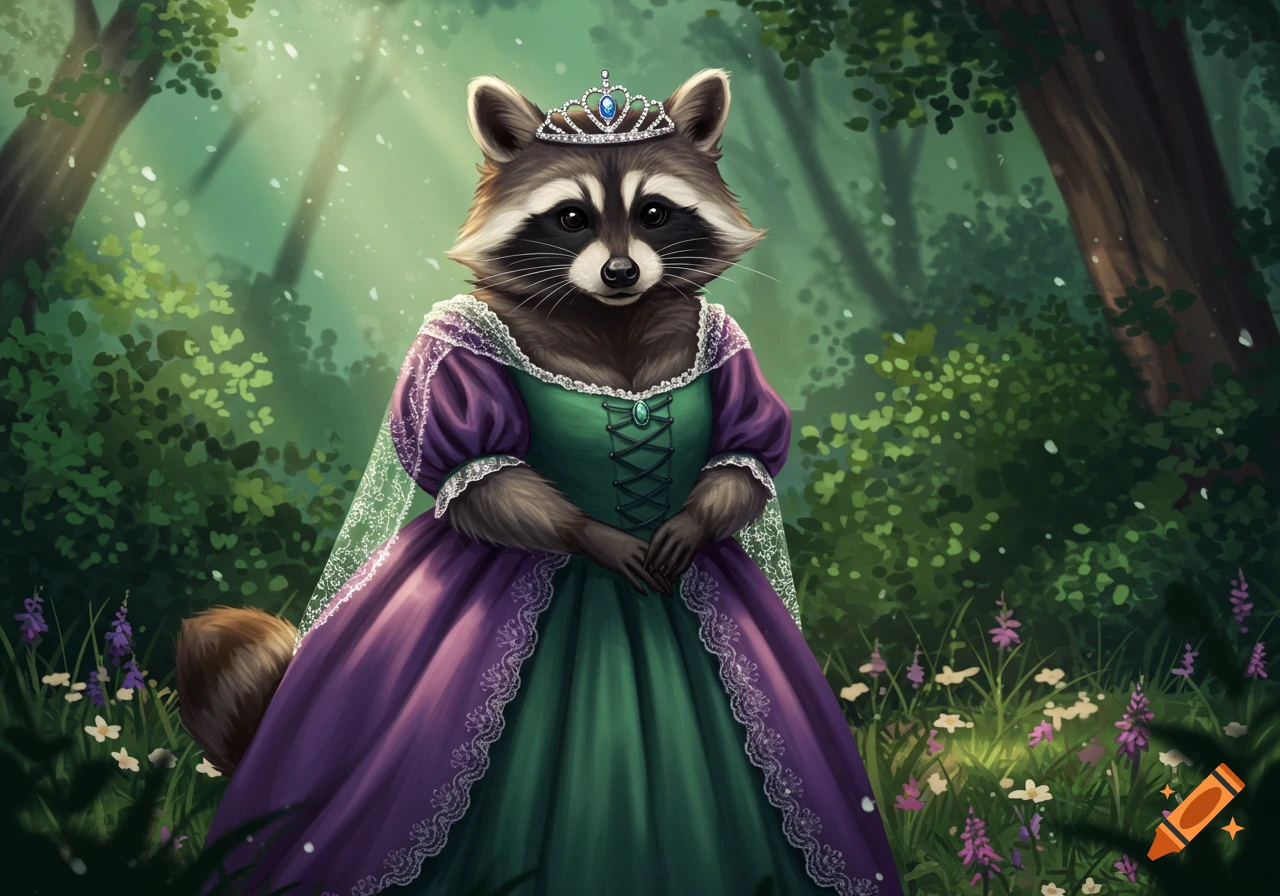 A cartoon raccoon princess wearing a purple and green gown with a tiara, standing in a sun-dappled forest.