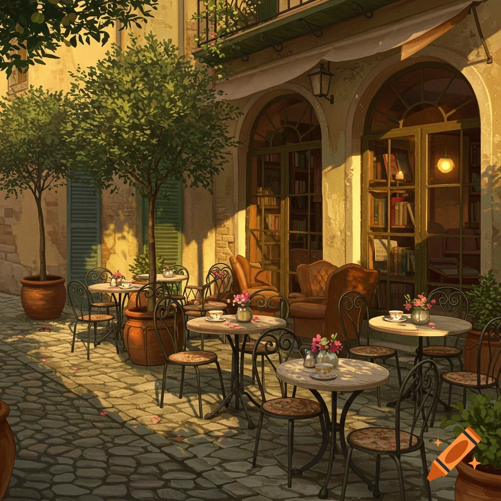 A scenic outdoor cafe with tables, chairs, potted trees, and a building with arched windows displaying bookshelves, rendered in a warm, painterly style.