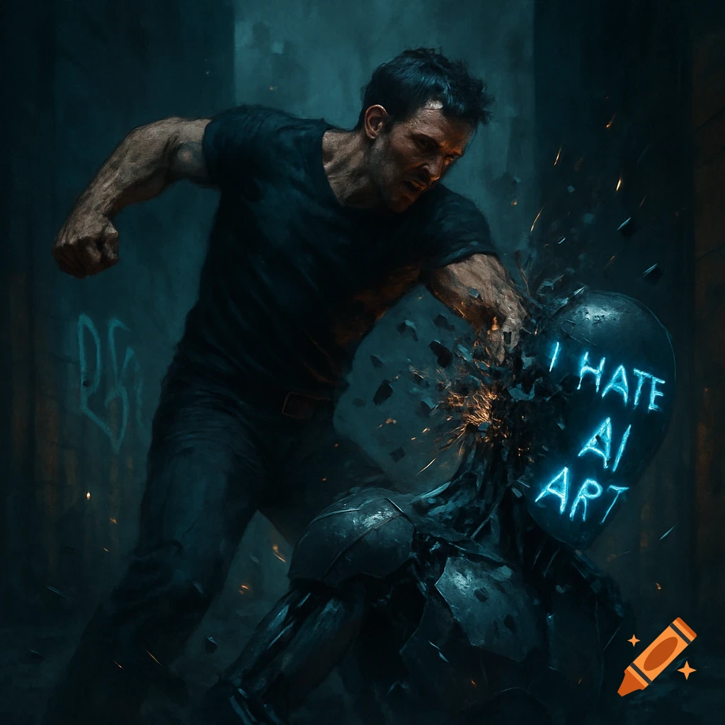 A man in a dark alley punches a robot with 'I HATE AI ART' on its head, causing it to shatter dramatically.