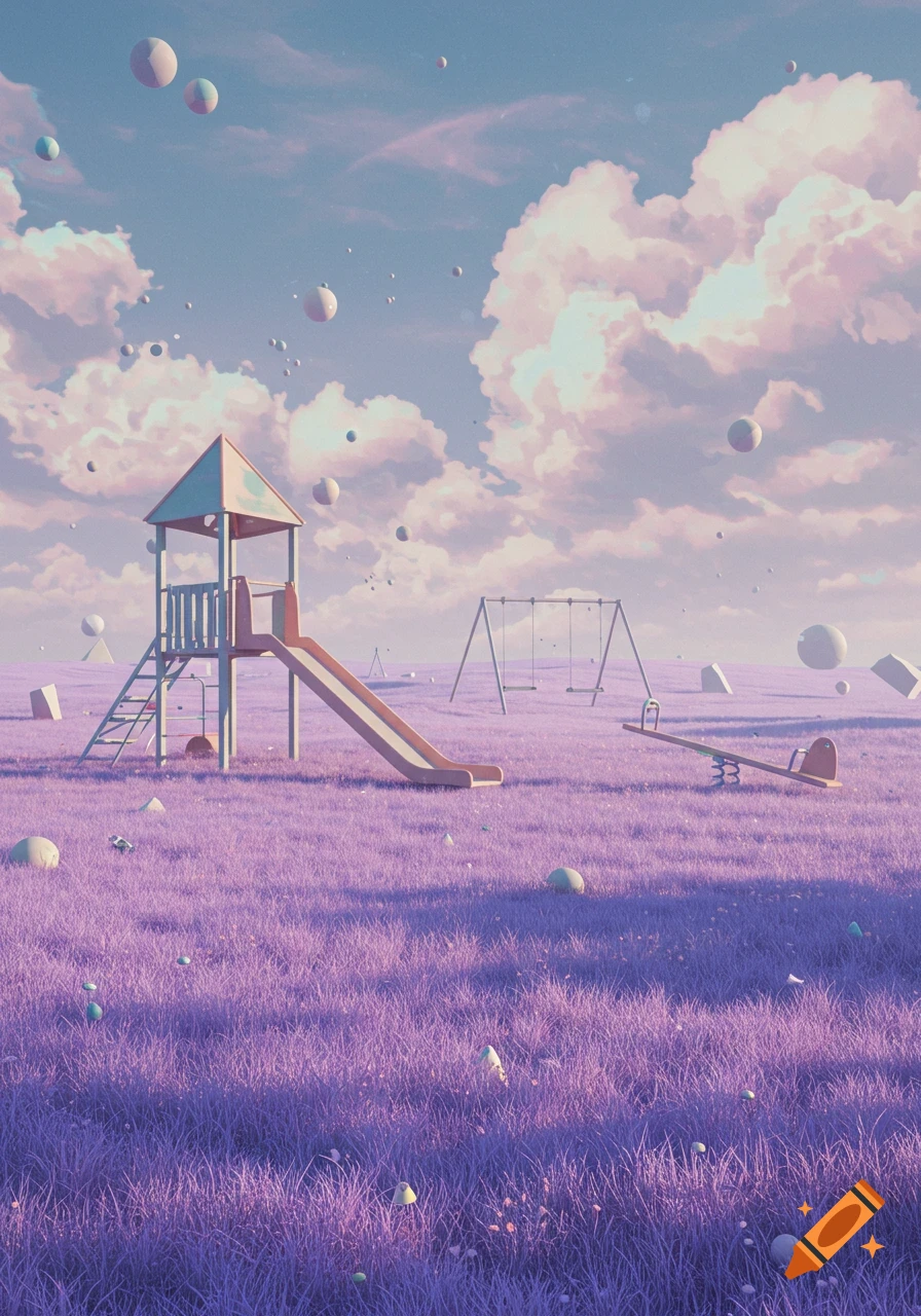 A surreal playground with a slide, swings, and seesaw in a vast field of purple grass under a pastel sky with floating spheres and geometric shapes.