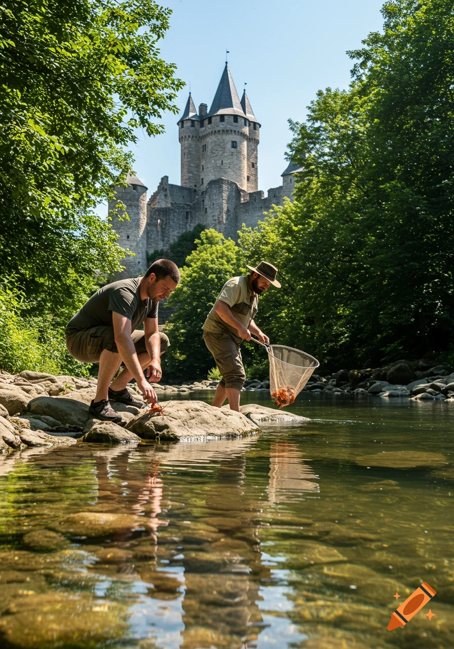 Two men wading in a clear river, catching crayfish with nets, with a majestic stone castle and lush green trees in the background.