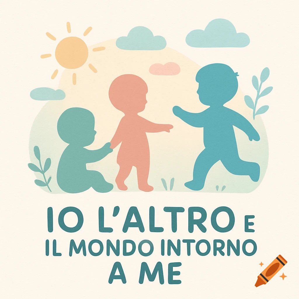 Stylized pastel illustration of three baby silhouettes with a sun and clouds, above text 'IO L’ALTRO E IL MONDO INTORNO A ME'.