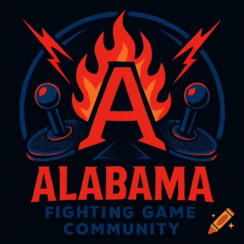 A bold logo for the Alabama Fighting Game Community, featuring a flaming red 'A', two arcade joysticks, and lightning bolts.