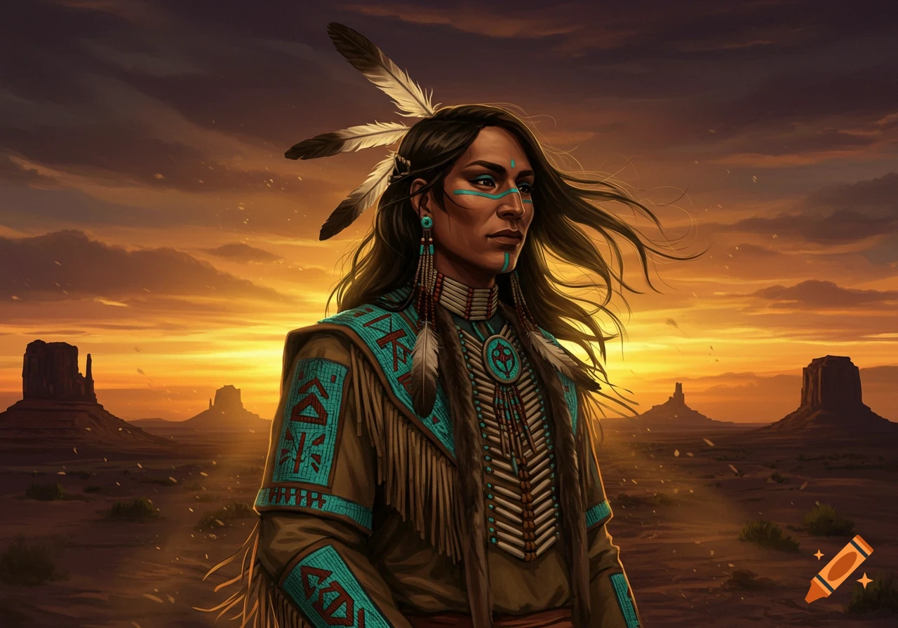 Digital painting of a person in Native American inspired attire with feathers and turquoise face paint, in a desert at sunset.