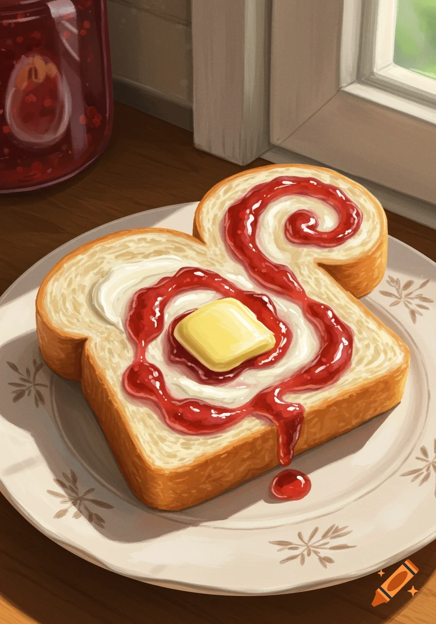 An illustration of a slice of bread topped with strawberry jam swirled around a pat of yellow butter, on a plate near a window.