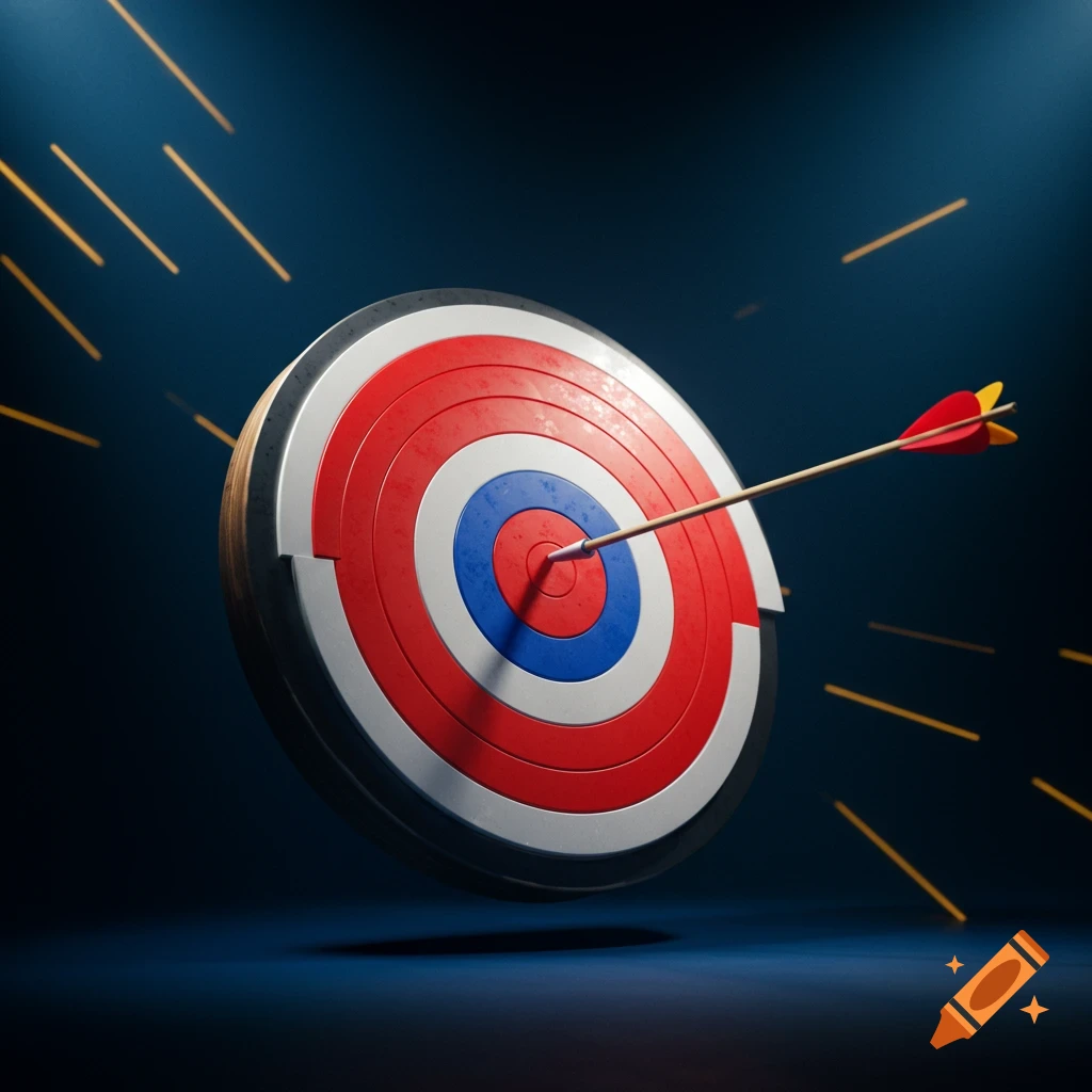 A red, white, and blue bullseye target with a wooden arrow perfectly hitting the center, against a dark blue background with glowing streaks.