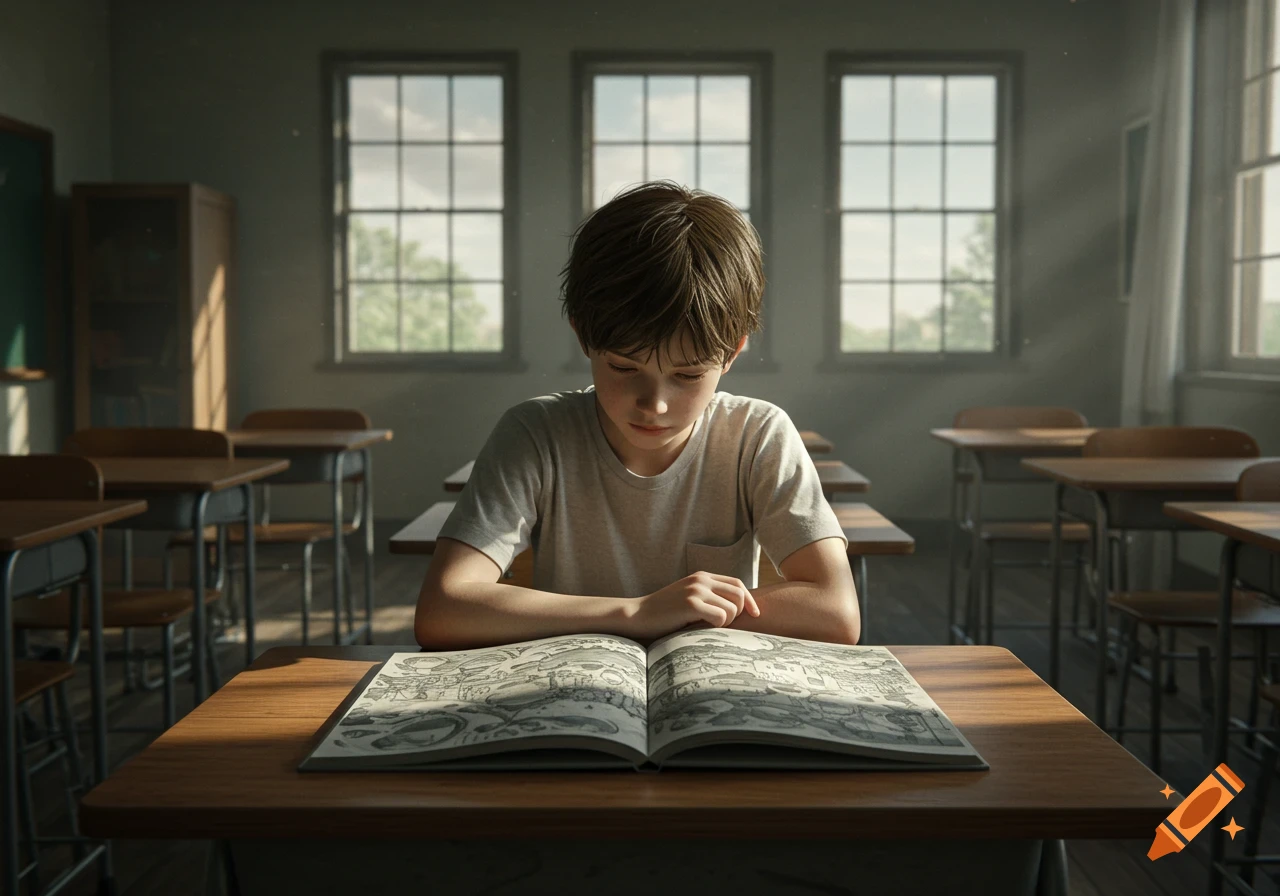 A sad young boy with brown hair sits alone at a wooden desk in a sunlit classroom, looking down at an open sketchbook filled with detailed drawings.