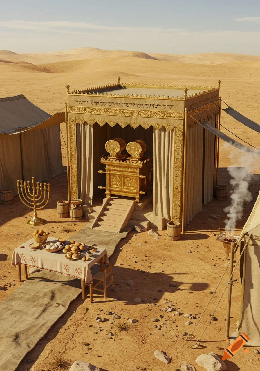 A detailed, golden biblical Tabernacle with the Ark of the Covenant, a menorah, and an offering table in a vast desert landscape.
