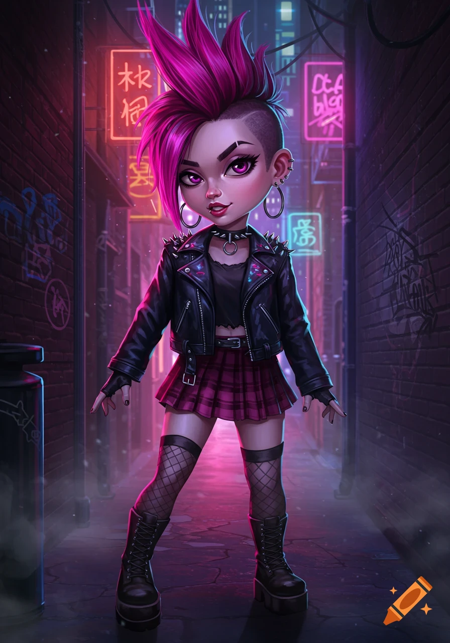 A cartoon punk girl with bright pink mohawk, black leather jacket, plaid skirt, and fishnet stockings stands in a neon-lit city alley.