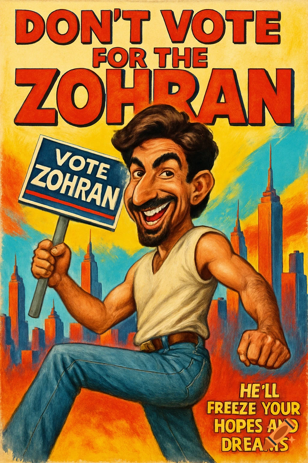 Vintage political parody poster of a grinning male caricature with exaggerated features, holding a 'VOTE ZOHRAN' sign in front of a colorful New York City skyline.