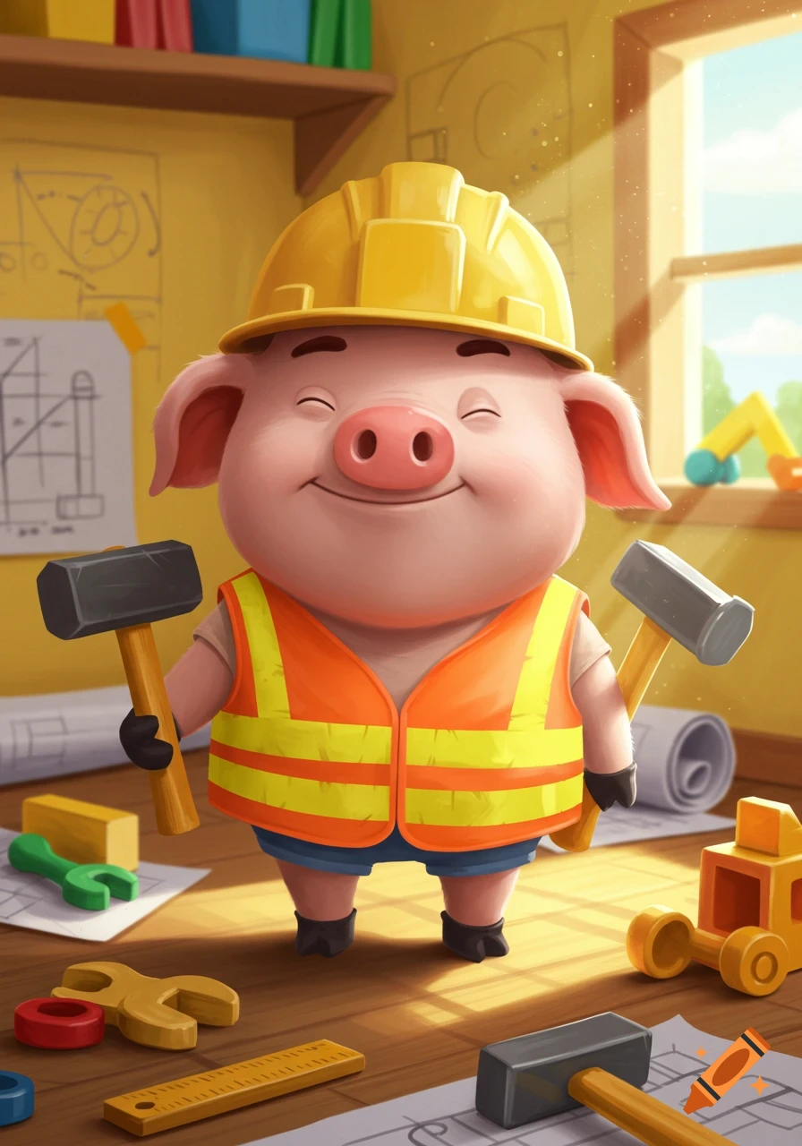 A cute, smiling cartoon pig wearing a yellow hard hat and an orange safety vest, holding two hammers in a construction-themed room.