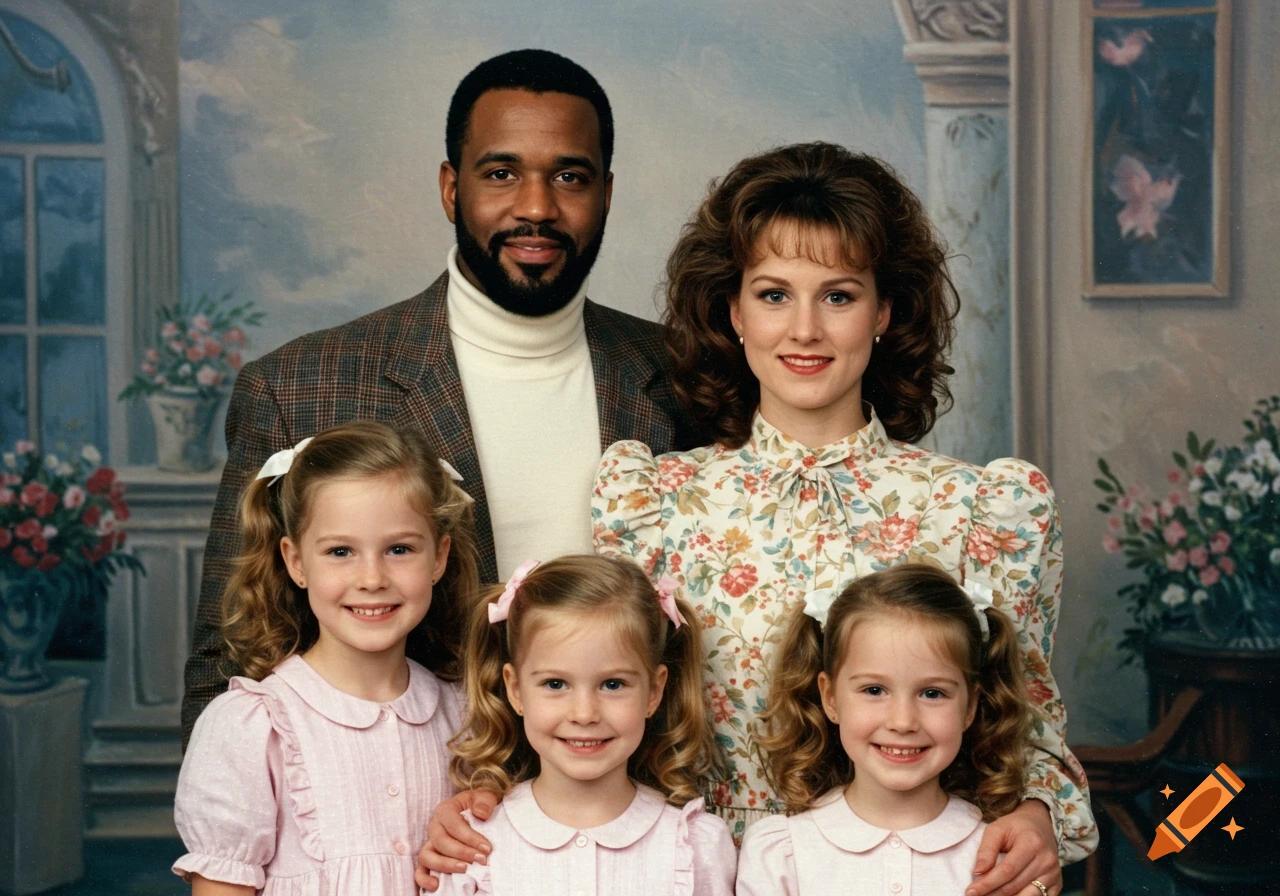 A vintage professional family portrait from the 90s featuring a father, mother, and three young daughters smiling.