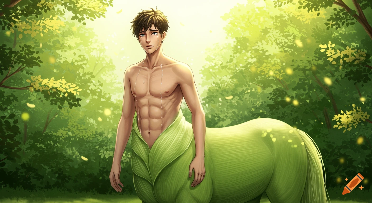 Crying shirtless male centaur with a light green zea mays husk equine half, standing in a sunny anime forest.