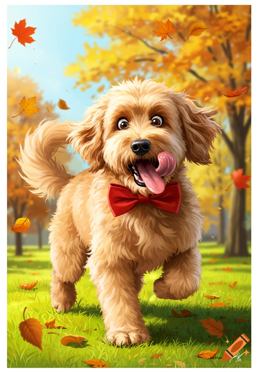 A cute, happy cartoon dog with a red bow tie runs through a park with golden autumn leaves.