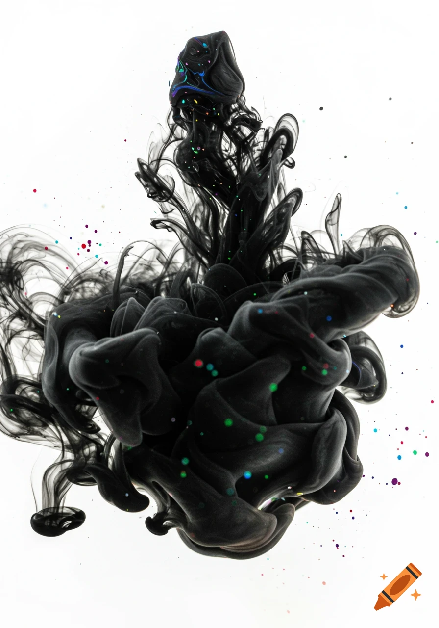 Black ink plume with colorful specks spreading in water against a white background.