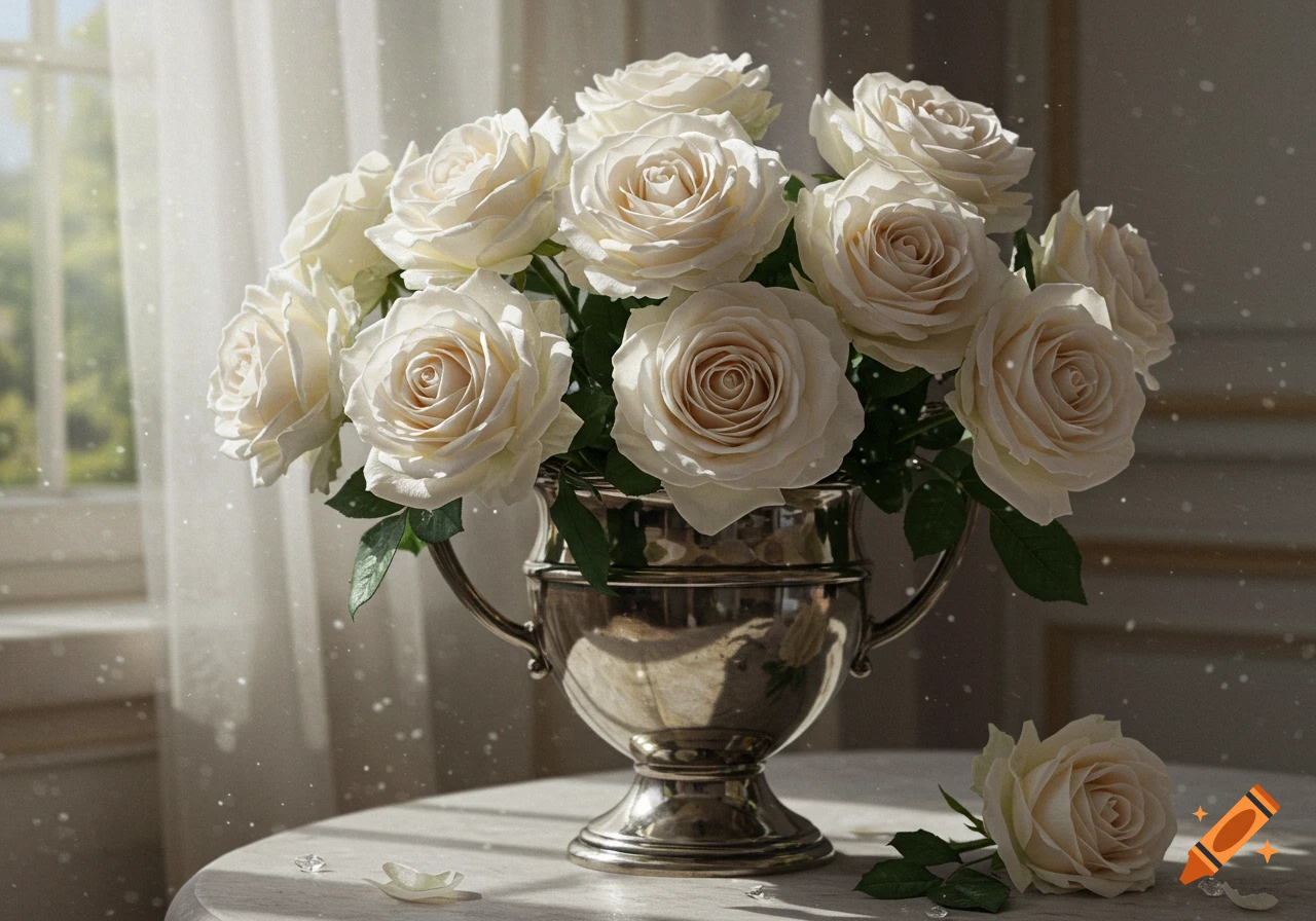 A bouquet of white roses in a silver vase on a marble table by a sunlit window, with light motes in the air.