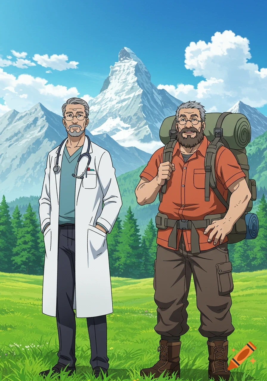 Two male anime characters, a doctor and a mountaineer, stand in a green meadow with snow-capped mountains in the background.
