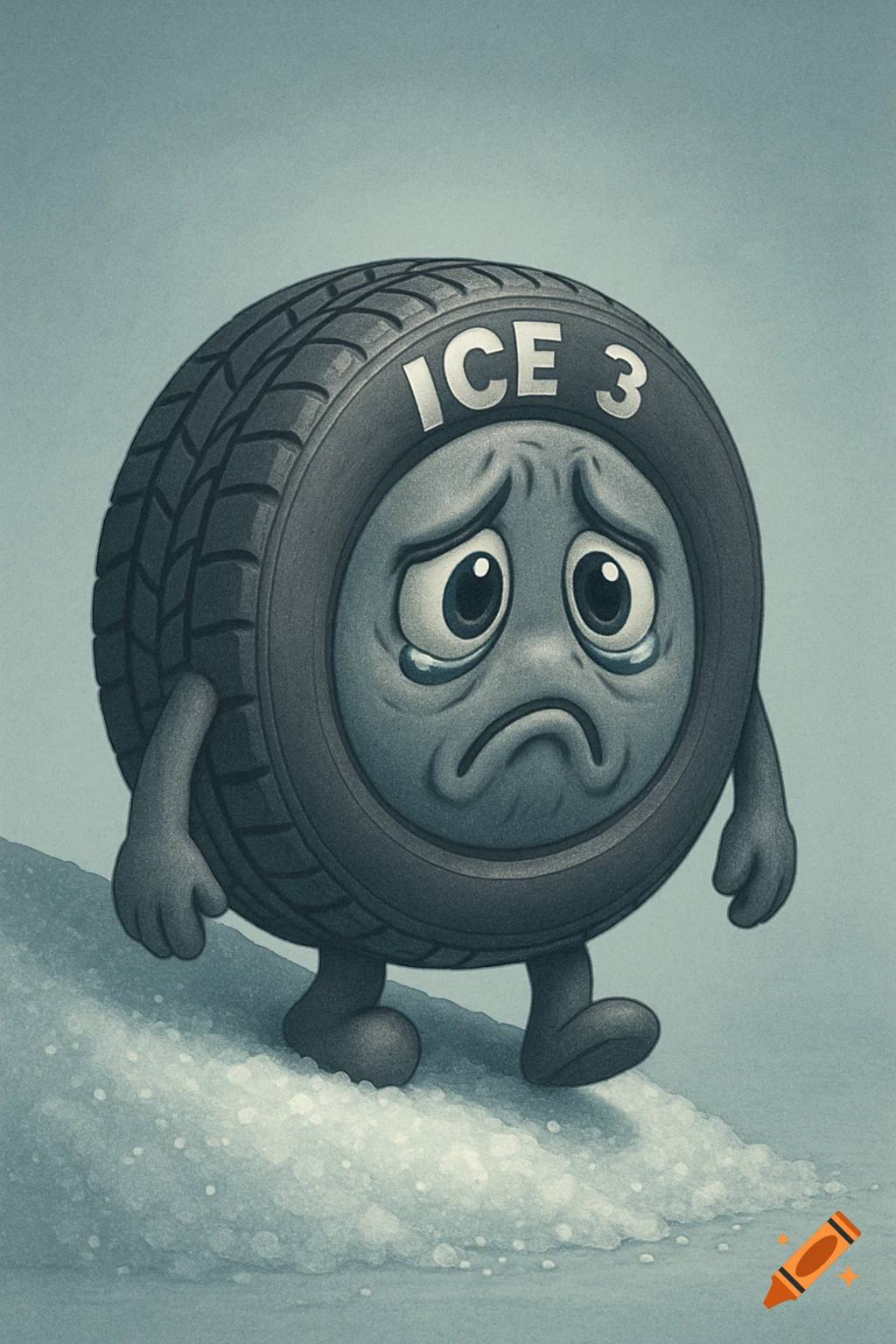 A sad cartoon tire with a face, arms, and legs stands on a snowy ground. The text "ICE 3" is on its side.